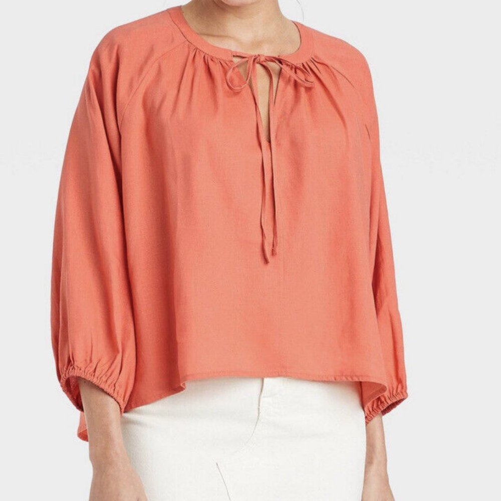 Women's Raglan Long Sleeve Tie-Front Top A NEW DAY Orange NWT